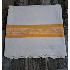 Antique Tablecloth Gold Laurel Leaf Stripes Cotton Scalloped Edges 64 x 58